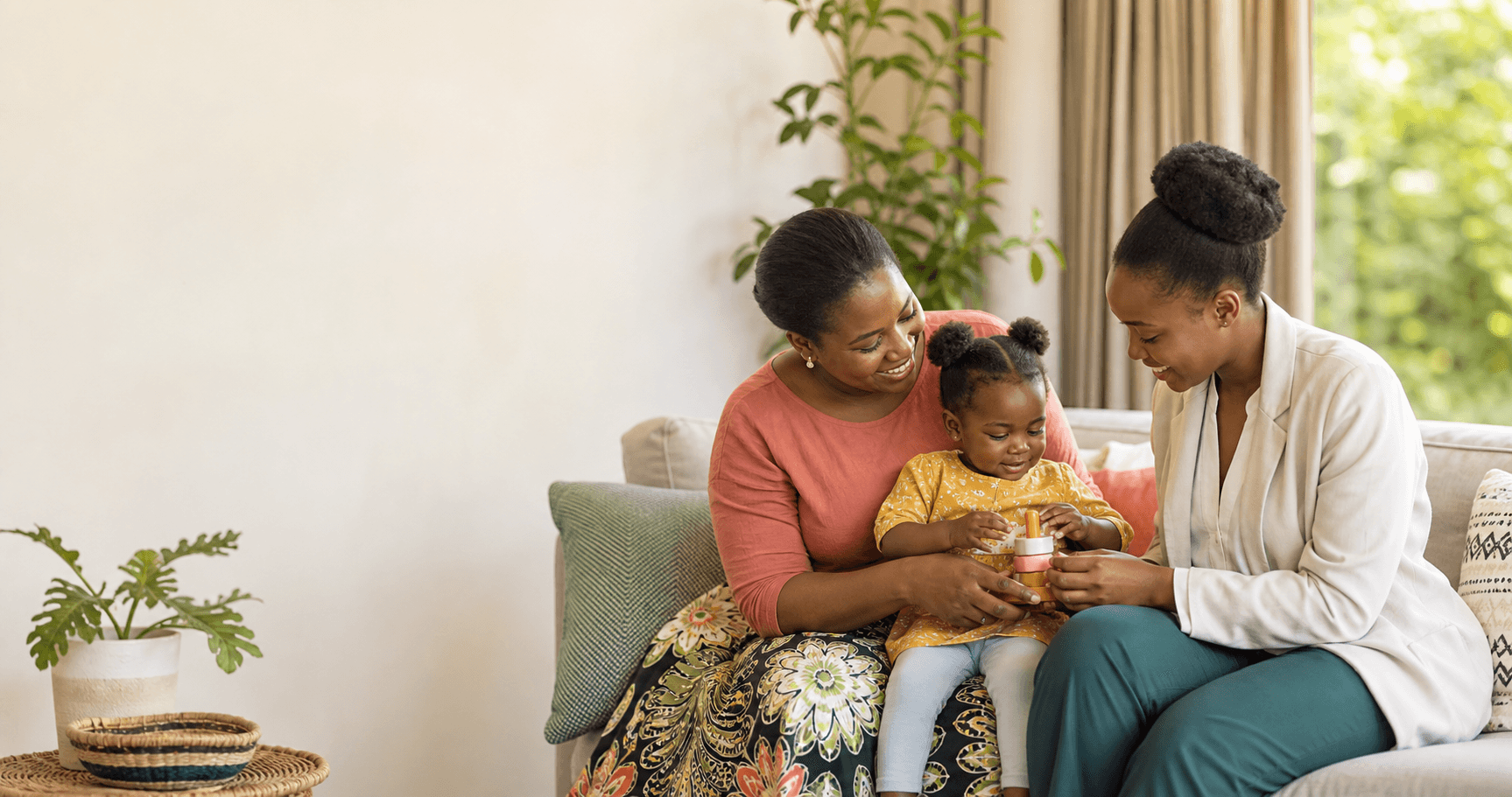 A mother and trained nanny caring for a young child together